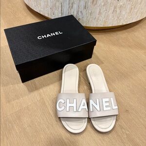 Chanel Logo Beige/ Ivory Leather Mule Flats